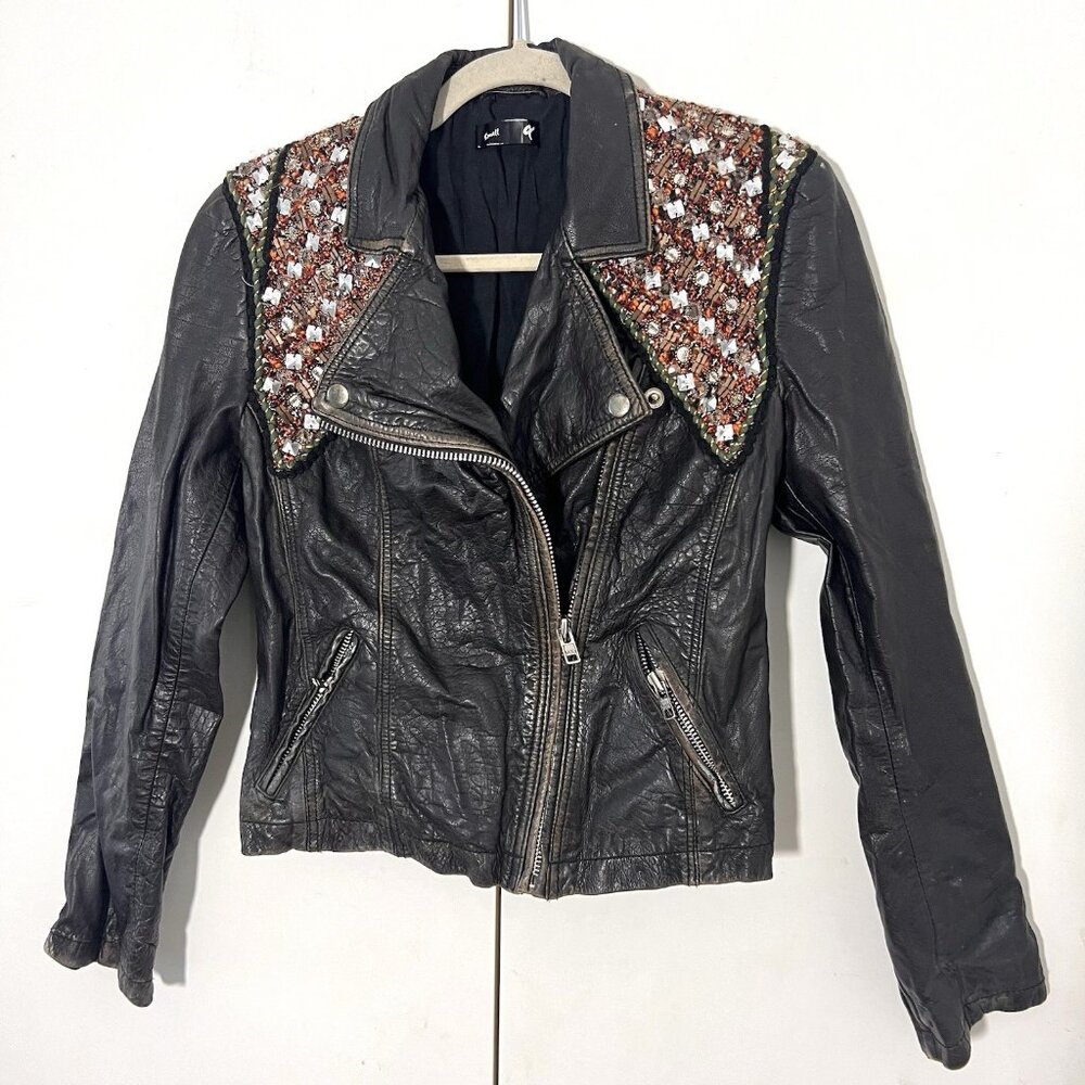 Genuine Leather Biker Jacket Womens Tweed Sequins‎ Distressed Punk